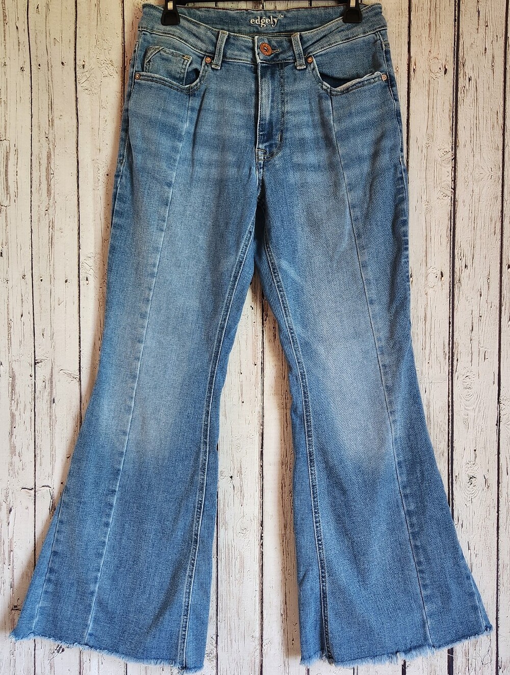 Edgely High Rise Flare Jeans 10 Short Raw Fringe Hem Front Seam Stretch Denim